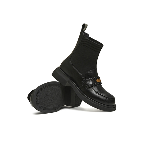 天美意2025冬新款厚底百搭短靴一脚蹬显瘦百搭女袜套靴KFZ05DD5