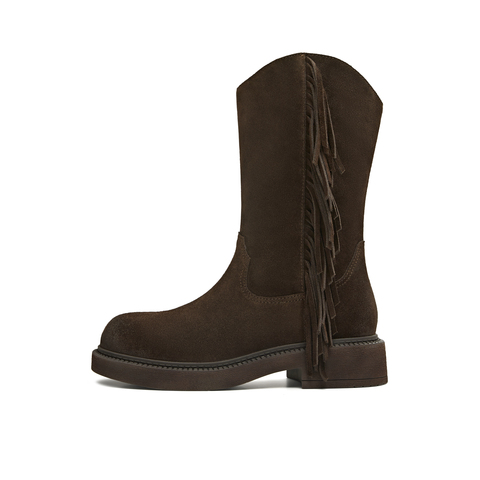 天美意2025冬新款商场同款流苏纯色百搭复古女西部靴CD564DS5