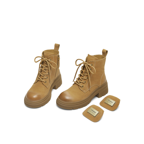 天美意2025冬新款短靴系带厚底纯色圆头户外女马丁靴KDX18DD5