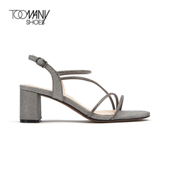 Toomanyshoes女鞋2021春夏addiction圆头一字带粗跟水钻凉鞋
