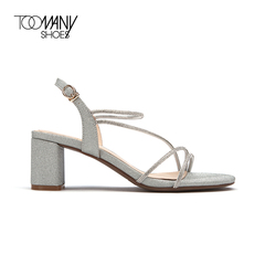 Toomanyshoes女鞋2021春夏addiction圆头一字带粗跟水钻凉鞋