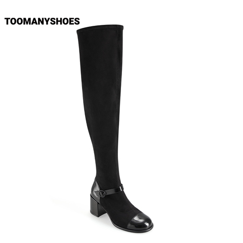 Toomanyshoes靴子2022秋季新款温蒂的骑士圆头粗跟弹力反绒过膝靴