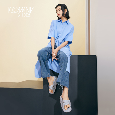 Toomanyshoes女鞋2022夏季新款cross复古方头纽带厚底外穿凉拖鞋