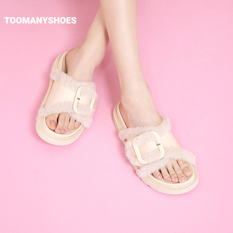 Toomanyshoes女鞋2023年夏季新款小奶球毛绒厚底显高百搭凉鞋拖鞋