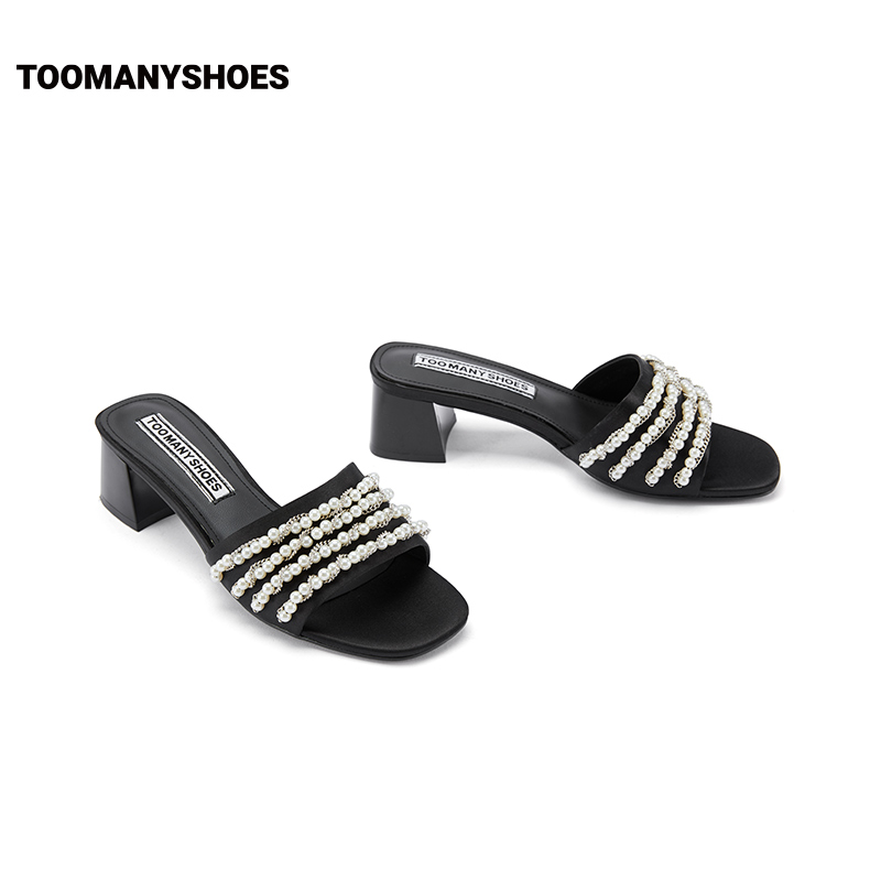 Toomanyshoes女鞋2023夏新款人鱼公主珍珠条带粗跟一字带凉鞋拖鞋