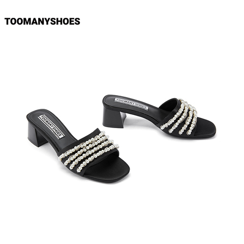 Toomanyshoes女鞋2023夏新款人鱼公主珍珠条带粗跟一字带凉鞋拖鞋