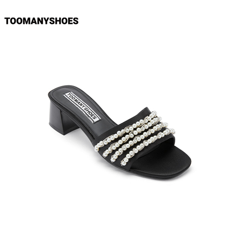 Toomanyshoes女鞋2023夏新款人鱼公主珍珠条带粗跟一字带凉鞋拖鞋
