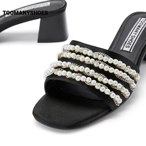 Toomanyshoes女鞋2023夏新款人鱼公主珍珠条带粗跟一字带凉鞋拖鞋