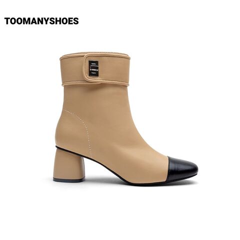 Toomanyshoes靴子冬新款Bistro尖头时装靴粗跟短靴女增高显瘦