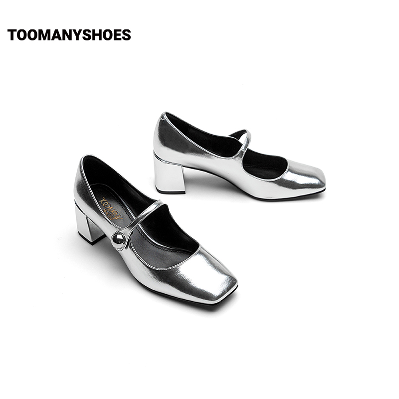 Toomanyshoes榛子蛋糕银色复古玛丽珍单鞋女红色高跟婚鞋