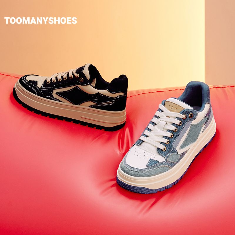 Toomanyshoes女鞋2024新款牛仔补丁休闲运动鞋不撞款厚底复古板鞋