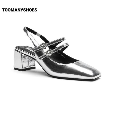 [明星同款]Toomanyshoes女鞋银河甜心包头单凉鞋粗高跟银色玛丽珍
