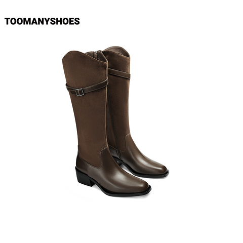 孙千同款Toomanyshoes靴子时髦打卡长筒高跟显瘦棕色骑士靴女长靴