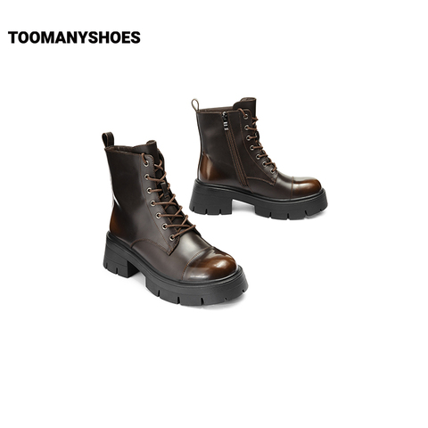 Toomanyshoes靴子2024秋冬新款黑凤梨厚底增高短靴工装系带马丁靴