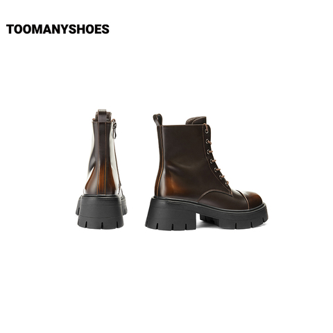 Toomanyshoes靴子2024秋冬新款黑凤梨厚底增高短靴工装系带马丁靴
