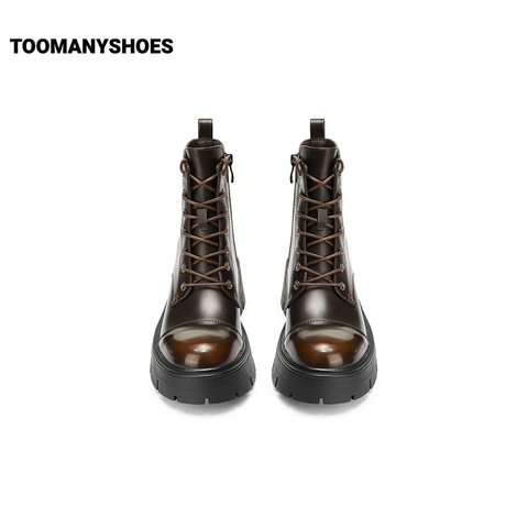 Toomanyshoes靴子2024秋冬新款黑凤梨厚底增高短靴工装系带马丁靴