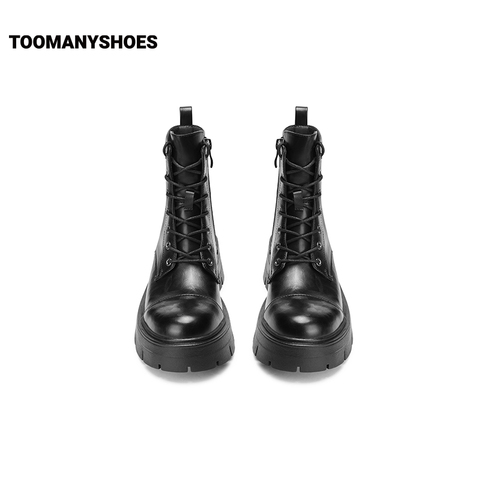 Toomanyshoes靴子2024秋冬新款黑凤梨厚底增高短靴工装系带马丁靴