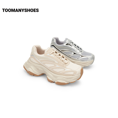 Toomanyshoes女鞋2024新款火焰印记厚底运动网面鞋复古银色老爹鞋