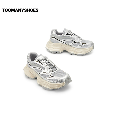 Toomanyshoes女鞋2024新款火焰印记厚底运动网面鞋复古银色老爹鞋