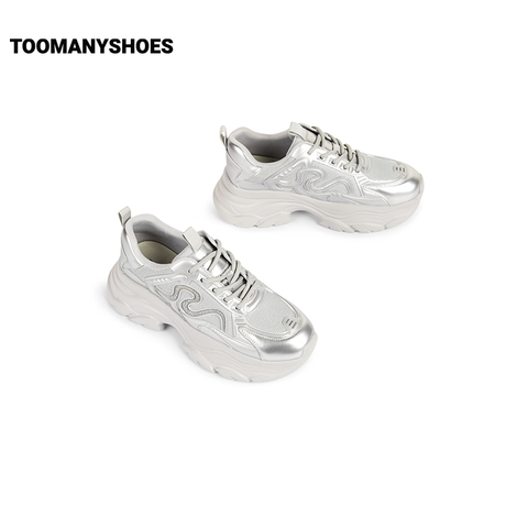 Toomanyshoes女鞋25新款心引力运动休闲鞋厚底增高复古银色老爹鞋