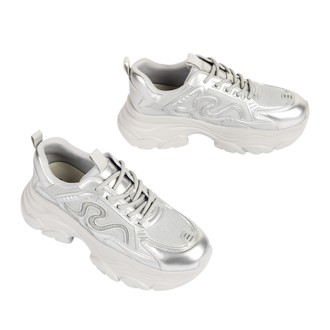 Toomanyshoes女鞋25新款心引力运动休闲鞋厚底增高复古银色老爹鞋