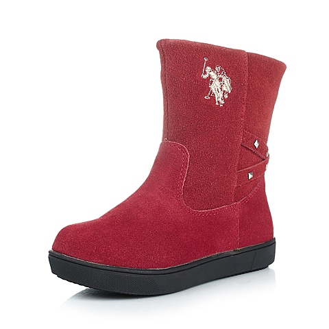 U.S.POLO ASSN./美国马球协会童鞋冬季反毛皮/PU深红女小童童靴时装靴L50281