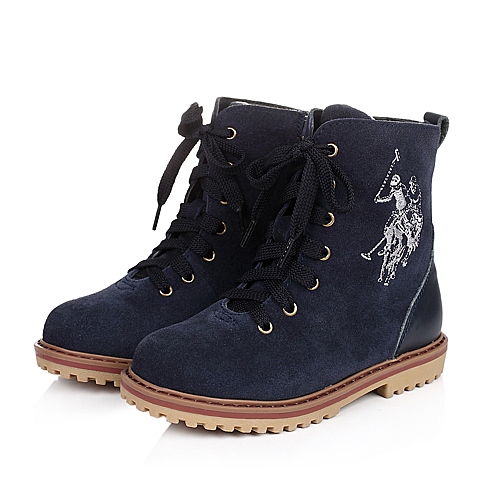 U.S.POLO ASSN./美国马球协会童鞋冬季反毛皮/牛皮深蓝男小童童靴马丁靴L50344