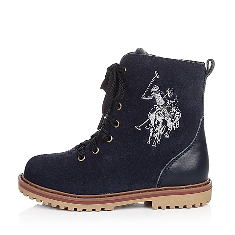 U.S.POLO ASSN./美国马球协会童鞋冬季反毛皮/牛皮深蓝男小童童靴马丁靴L50344