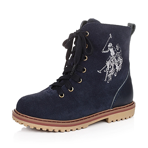 U.S.POLO ASSN./美国马球协会童鞋冬季反毛皮/牛皮深蓝男小童童靴马丁靴L50344